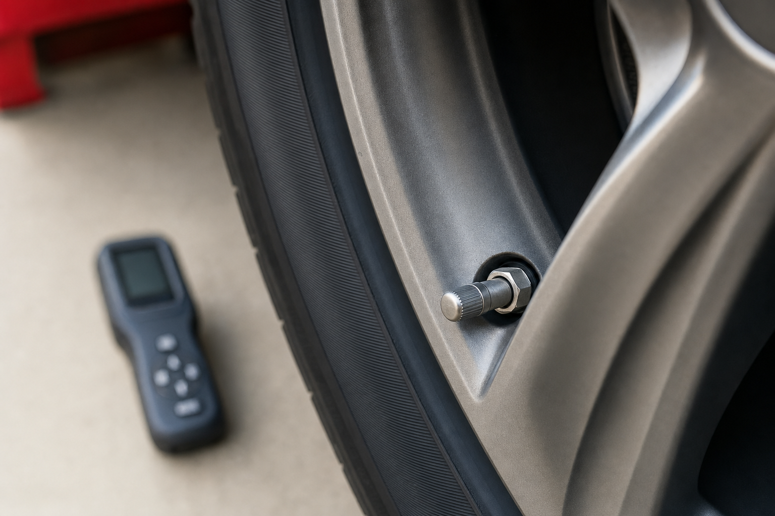 Close-up of a car tyre valve with a digital pressure gauge lying on the floor beside it.