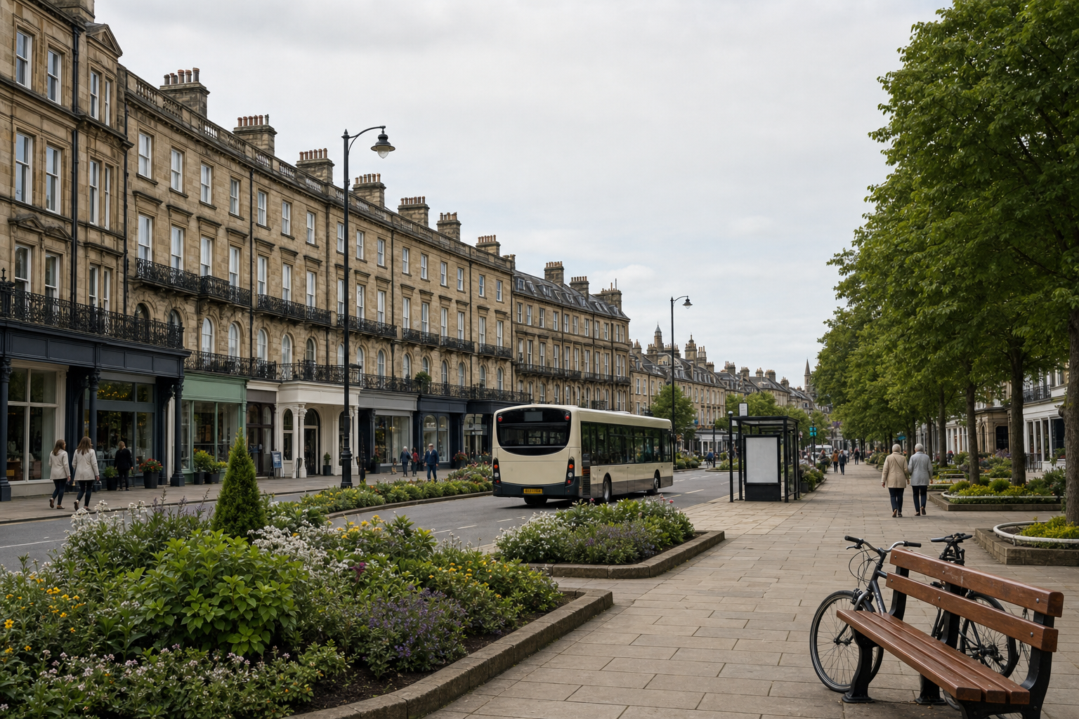 A city street with historic buildings, a bus, pedestrians, and a bicycle on a bench-lined pavement under cloudy skies.