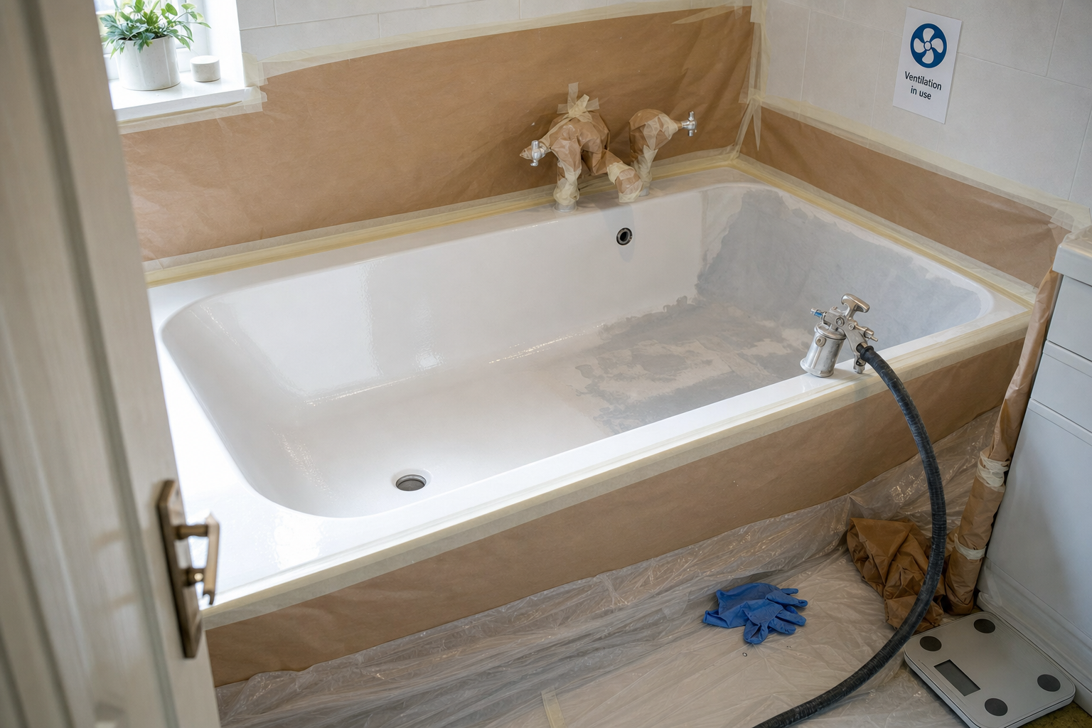 A bathtub being resurfaced, covered with protective paper and tape, alongside spray equipment and a ventilation sign.