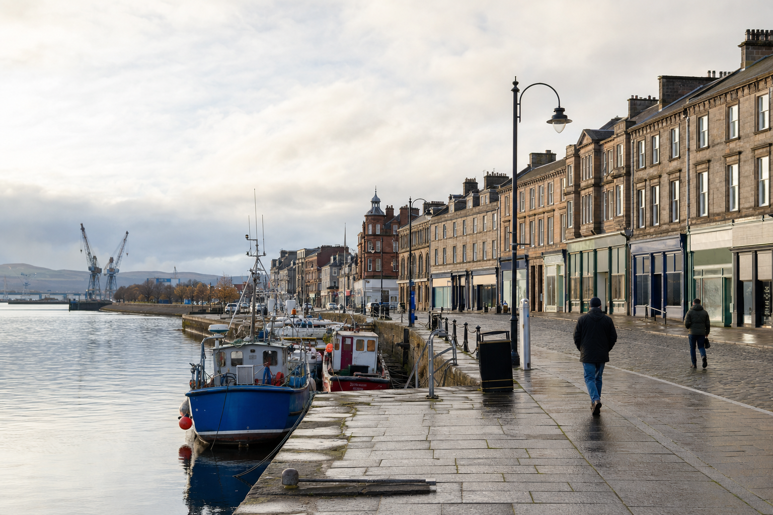 A waterfront street with small boats docked along the quay and people walking by in a harbour town.