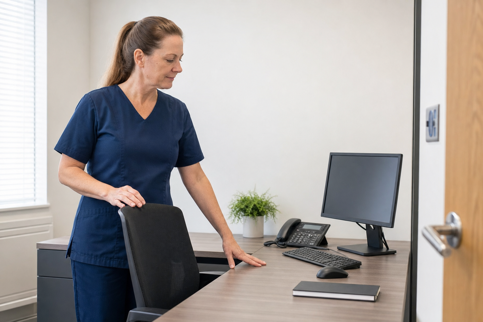 Healthcare professional in navy scrubs adjusting a chair at an empty office desk with a computer and phone.