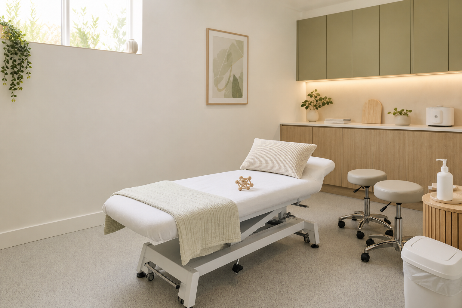 A serene massage therapy room with a treatment table, plush pillow, and potted plants under soft lighting.
