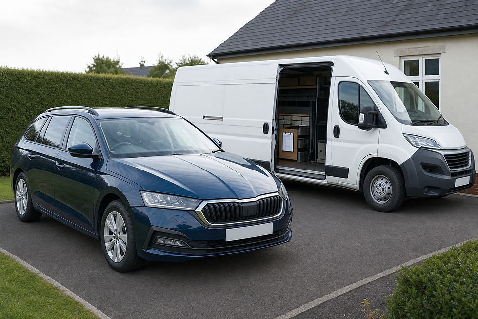 A blue estate car and a white work van parked on a driveway next to a building.