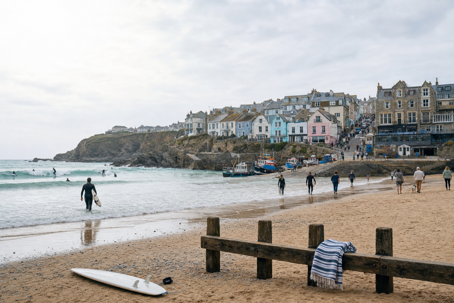Surfers and walkers enjoy a sandy beach with colourful houses and boats in the background on a cloudy day.