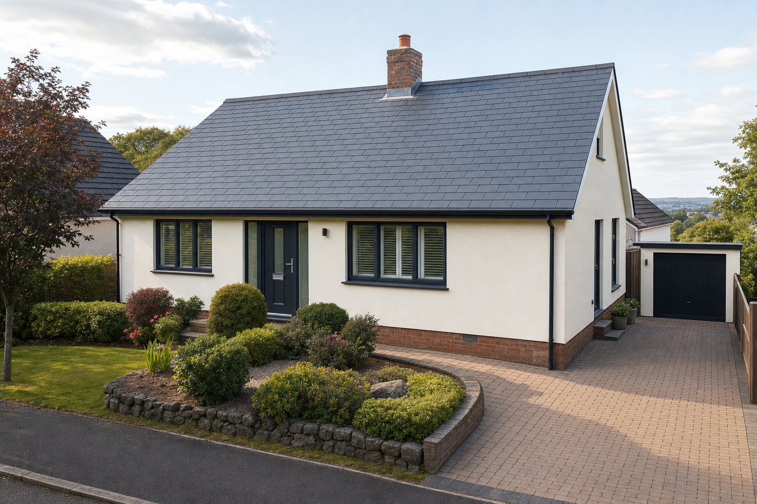 Modern white bungalow with a grey slate roof, landscaped garden, and detached garage, under a clear sky.