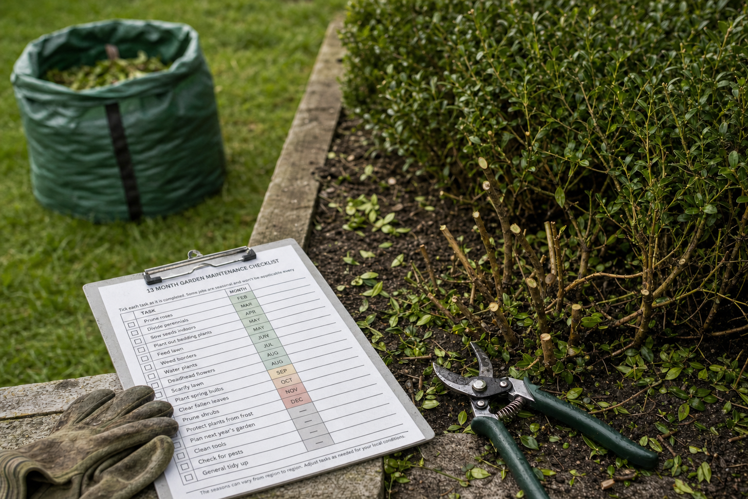 Garden maintenance tools and checklist on a stone ledge next to pruned bushes and a green waste bag filled with clippings.