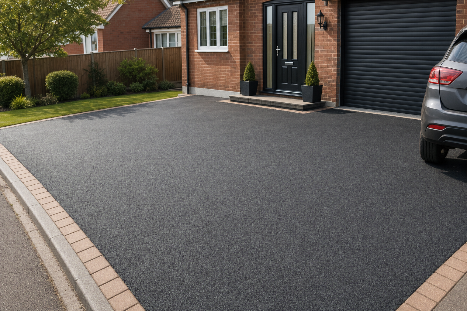 A well-maintained tarmac driveway in front of a brick house with a neat garden and a parked car.