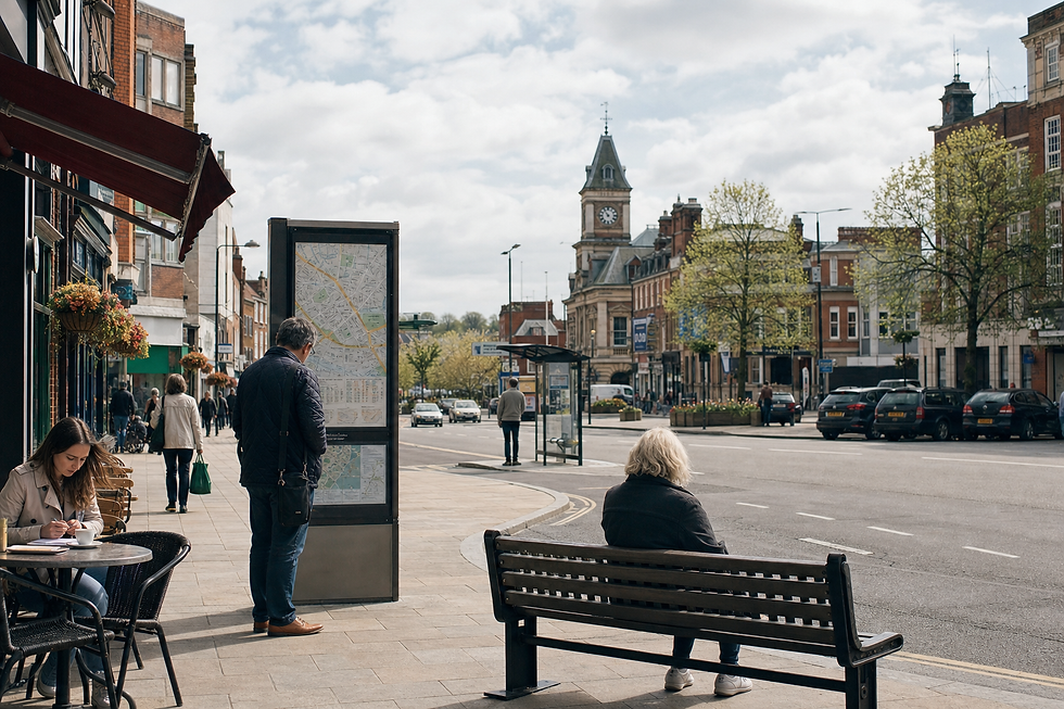 People sitting and walking on a busy town centre street with a clock tower in the background.