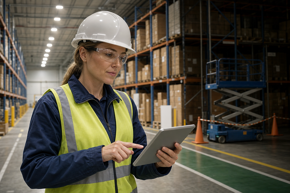 Warehouse worker in a hard hat and high-vis vest using a tablet in an aisle filled with shelves and boxes.
