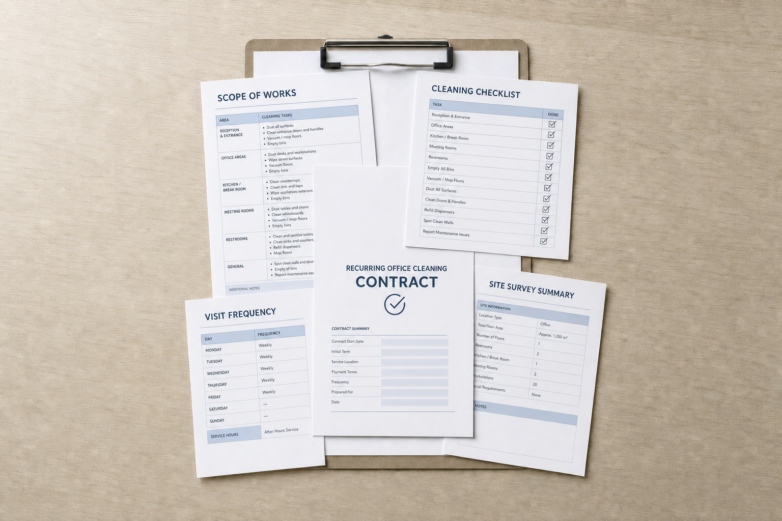 Office cleaning contract and checklist displayed on a clipboard with additional service documents.