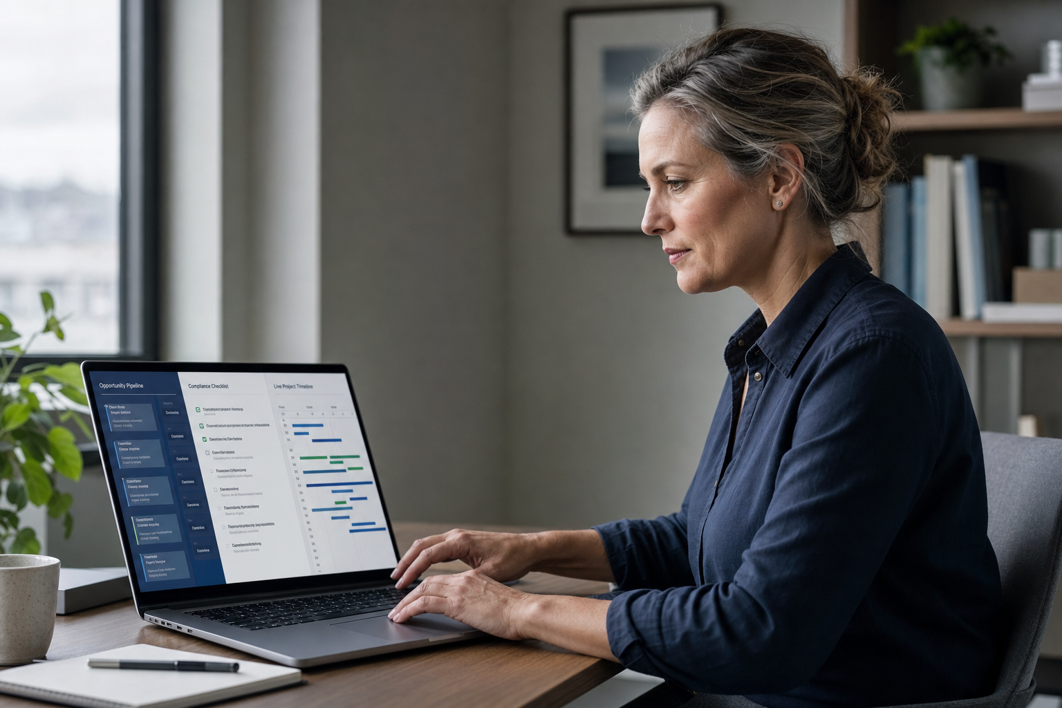 Woman working at a laptop displaying project management software in a modern office.
