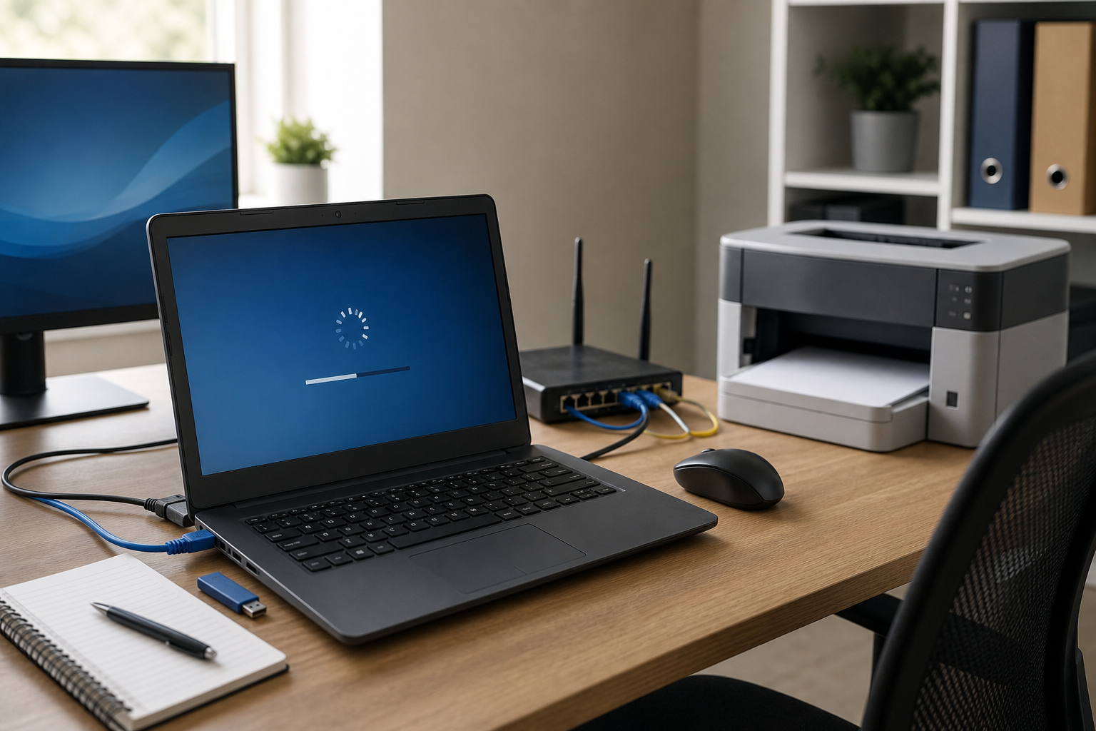 Home office setup with a laptop updating, printer, monitor, and notebook on a wooden desk.