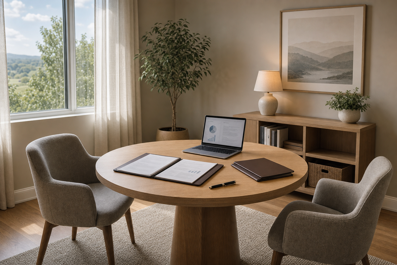 A modern home office with a round wooden table, chairs, a laptop displaying charts, and a large window overlooking greenery.