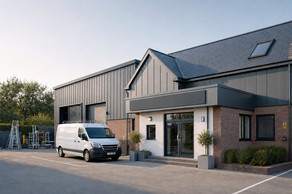 A modern industrial building with a parked white van and equipment to the side, under a clear sky.