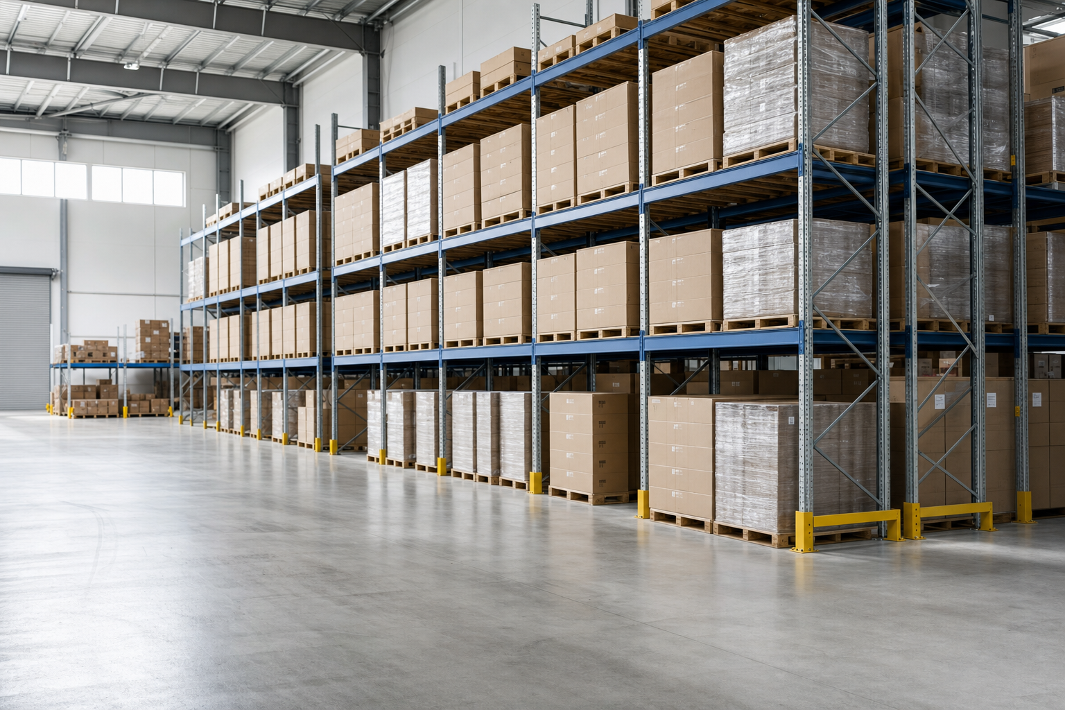 Large warehouse interior with stacked cardboard boxes on metal shelves, showing ample floor space.
