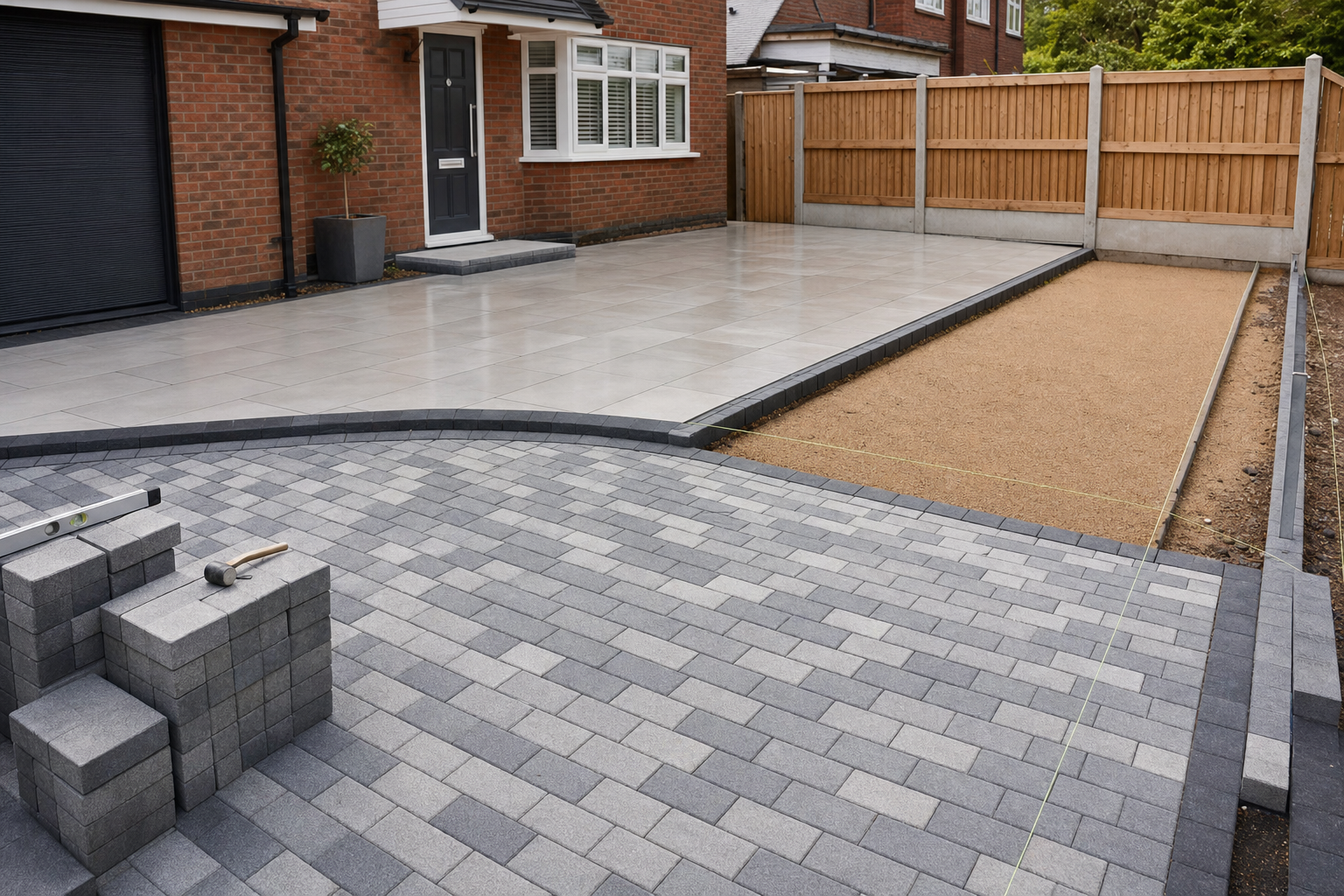 Newly constructed grey block driveway with level, mallet, and stacked bricks at a modern brick house.