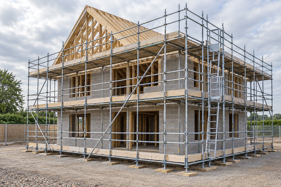 A two-storey house under construction with scaffolding surrounding the unfinished structure.