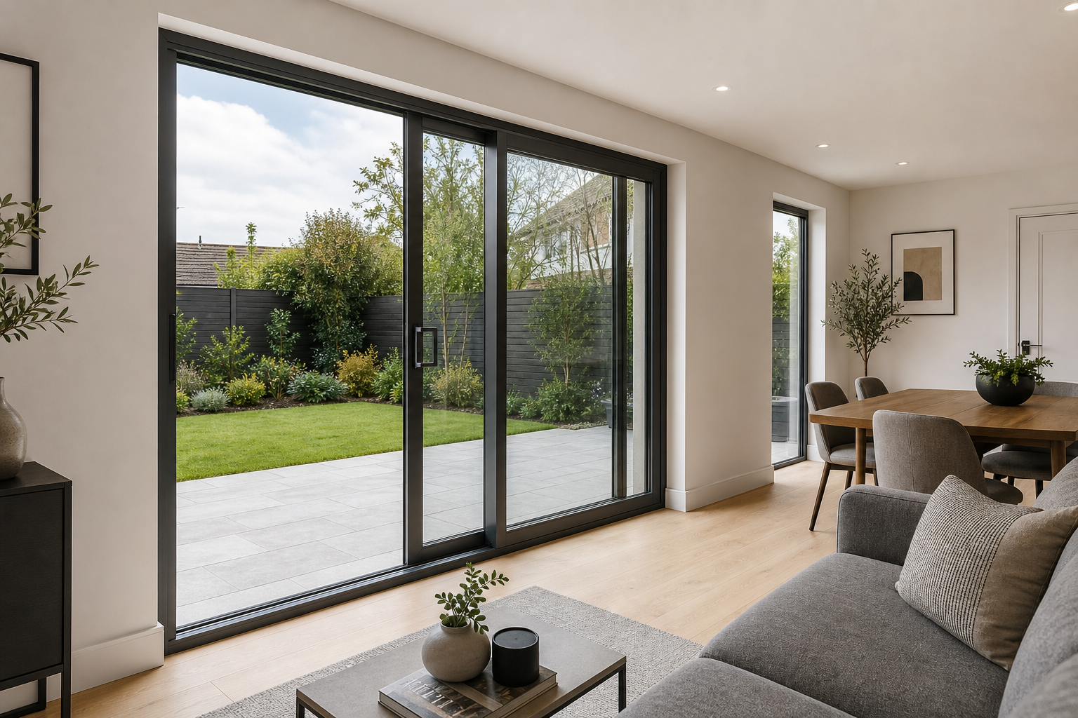 Modern living room with sliding glass doors opening to a garden, featuring a grey sofa and a dining table.