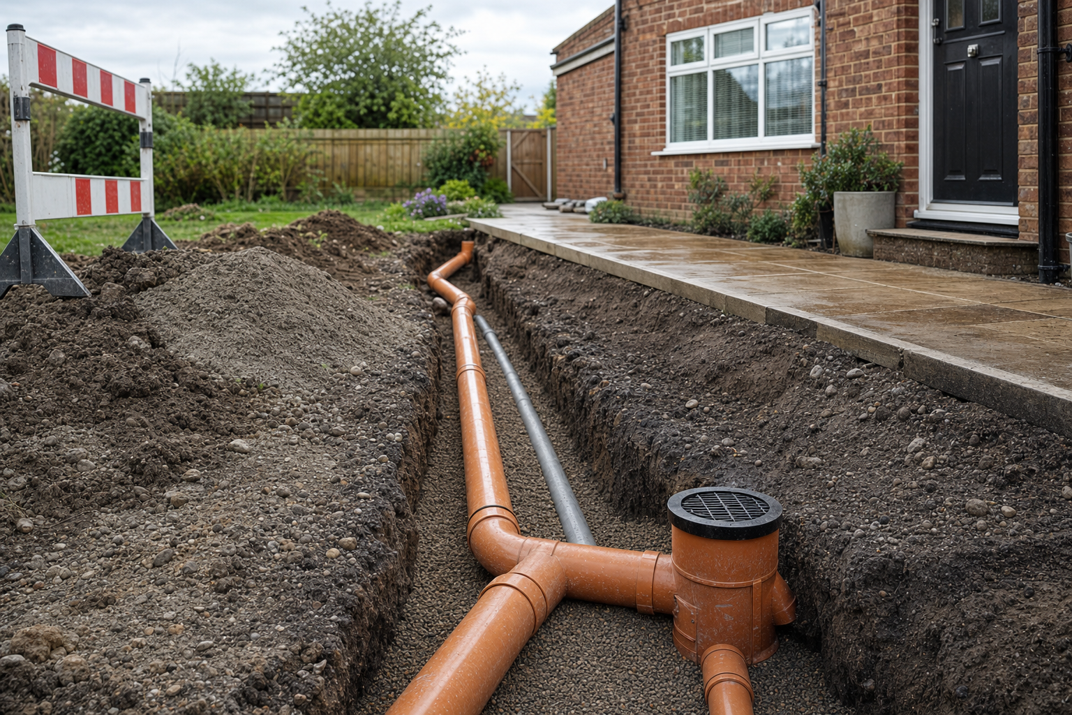 Newly installed underground drainage pipes near a brick house with prepared soil for covering.