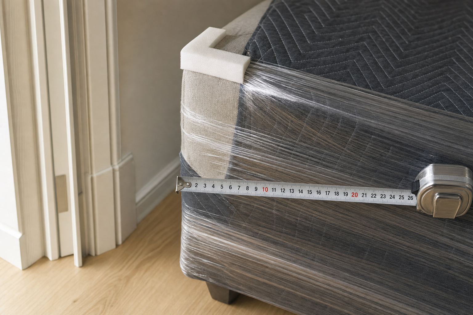 Tape measure extended across a plastic-wrapped furniture piece next to a wall and floor.