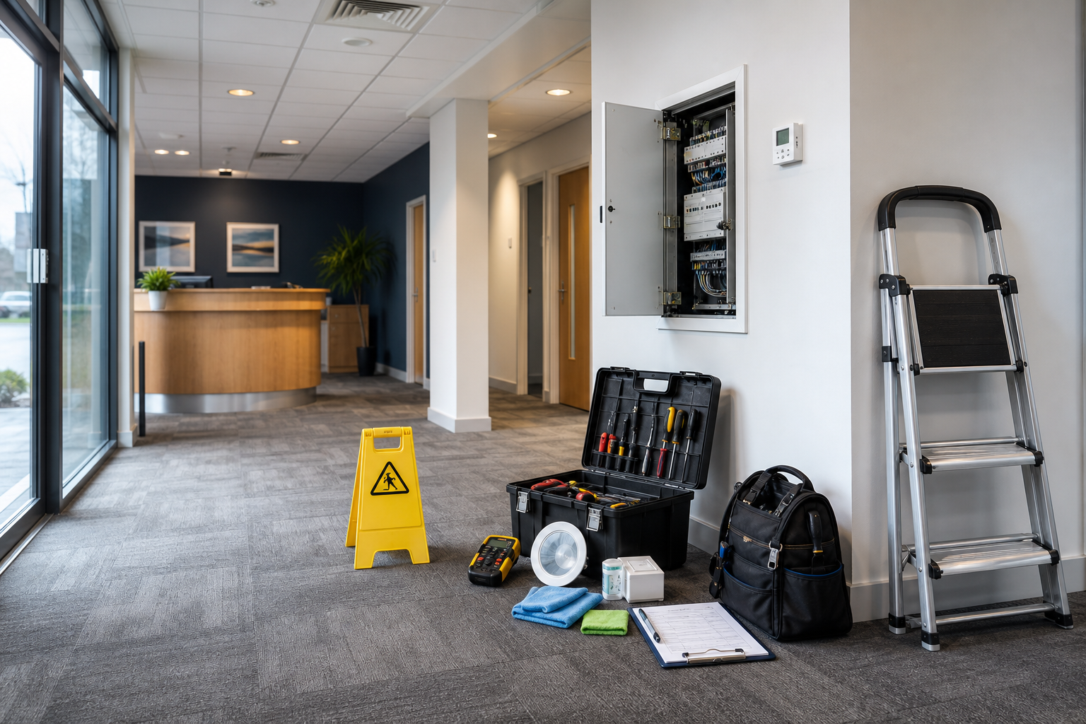 Maintenance tools and caution sign arranged near an open electrical panel in a modern office lobby.