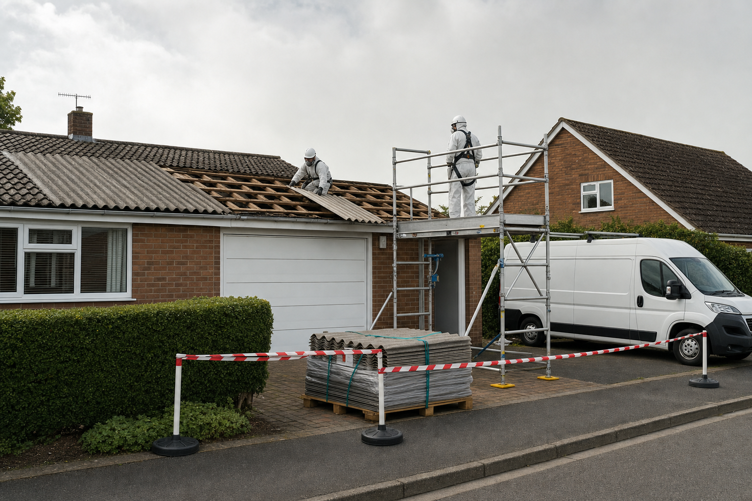Workers in protective gear removing roof tiles from a suburban house, with scaffolding and a white van nearby.