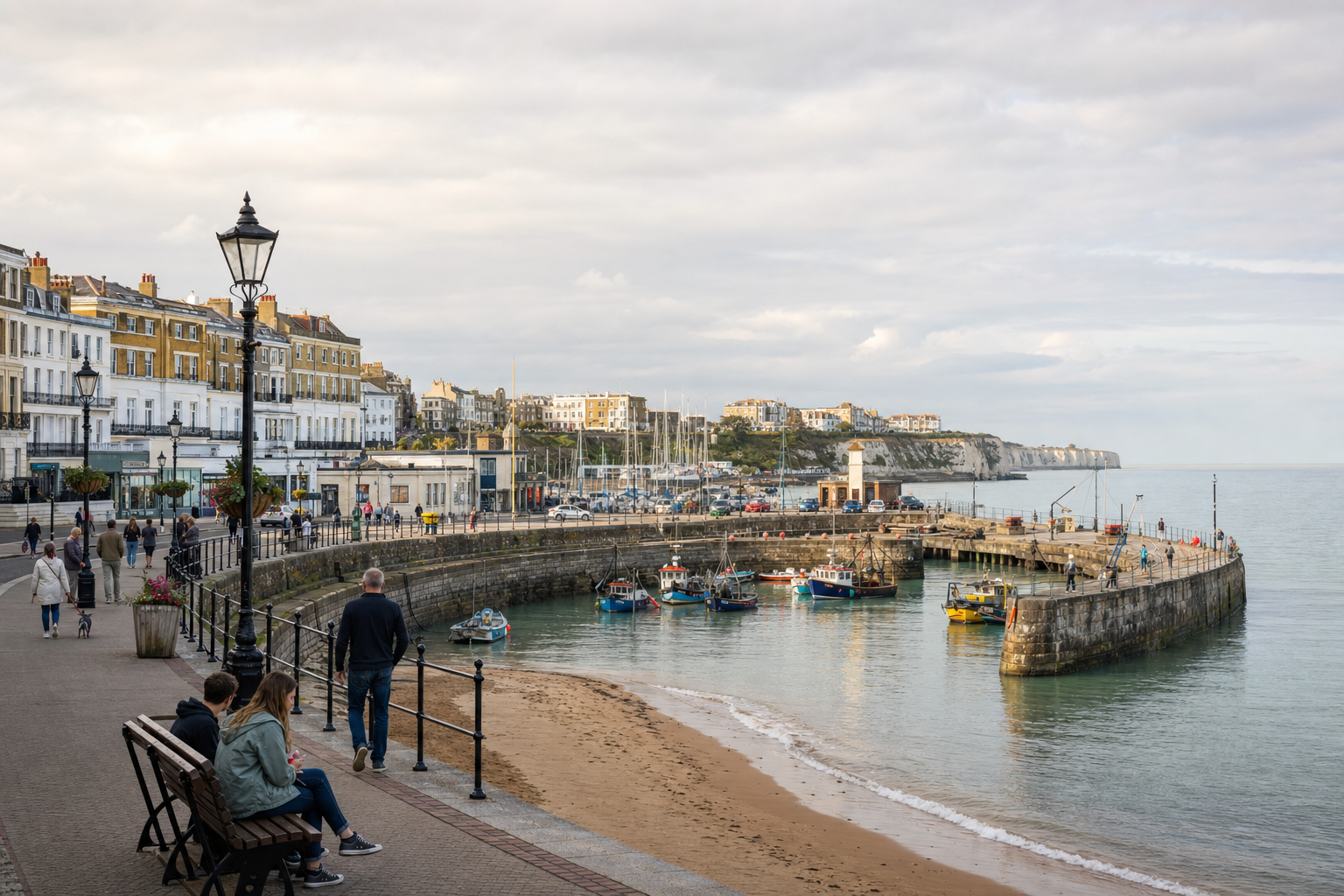 A seaside promenade with people walking and sitting, overlooking a small harbour with colourful boats and coastal buildings.