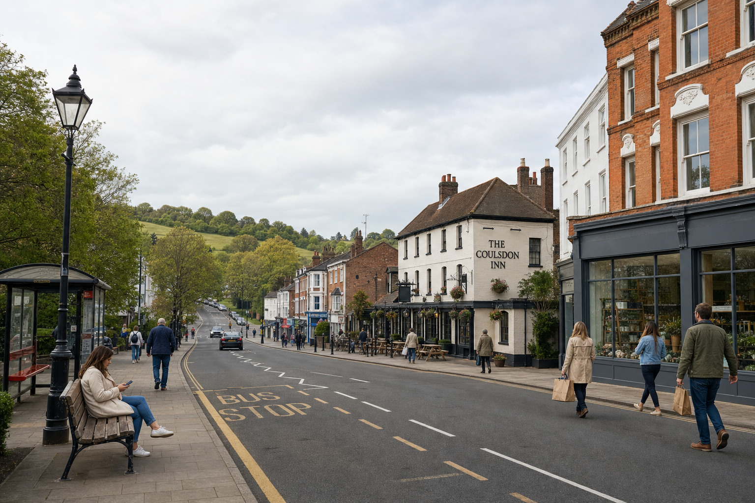 Street scene with people walking near The Coulsdon Inn on a cloudy day, surrounded by shops and green hills.