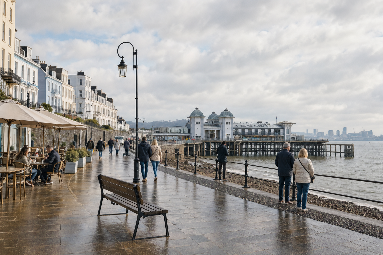 People stroll along Penarth promenade near the pier, with Victorian houses and a café lining the wet pavement.