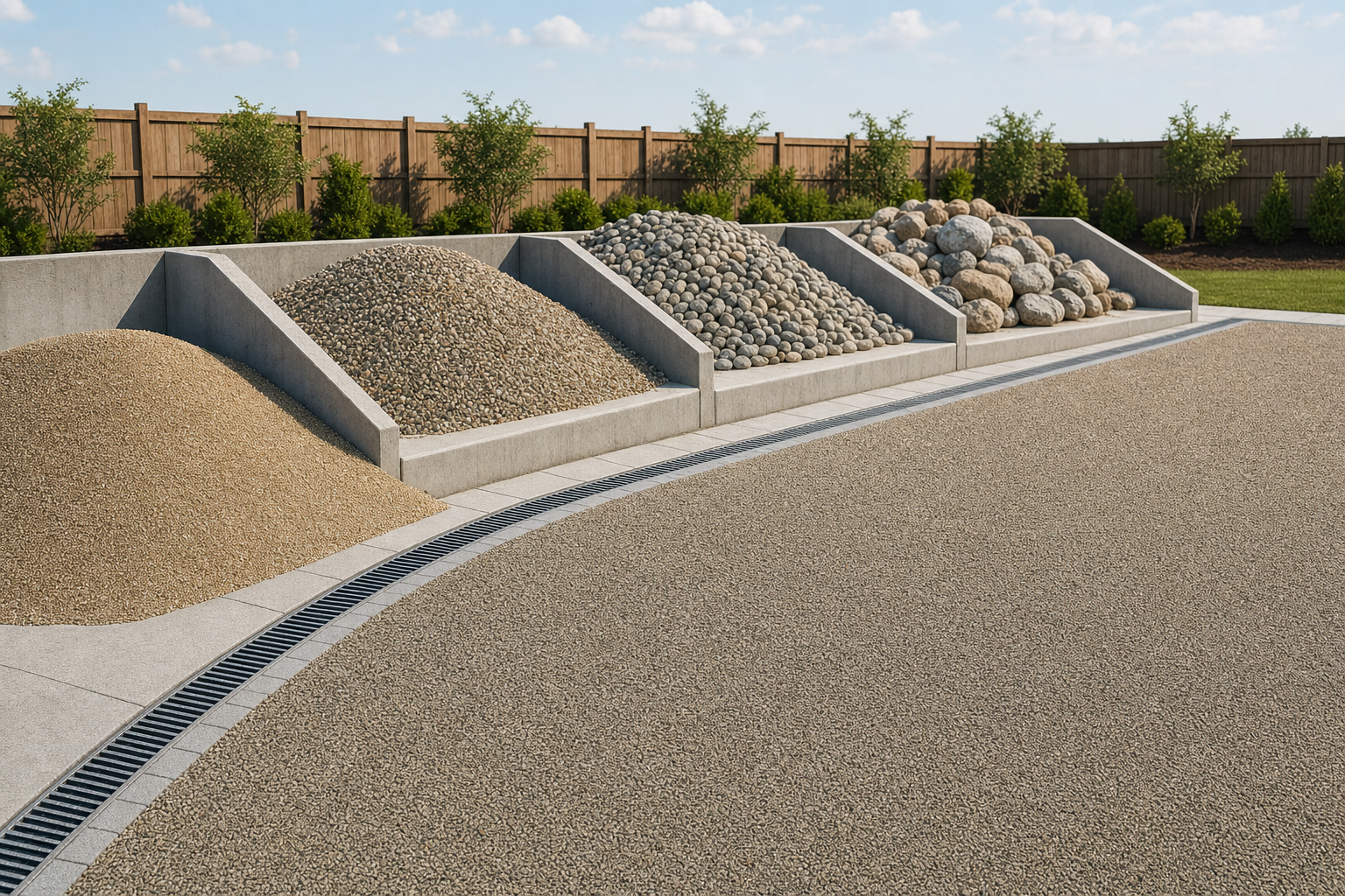 Piles of various gravel and stones are neatly arranged in concrete bays near a wooden fence and landscaped garden.