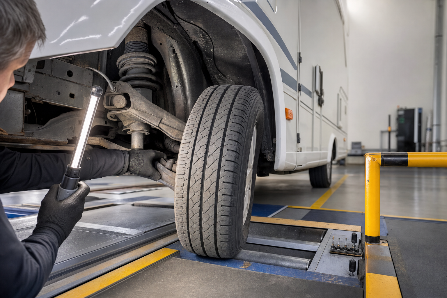 Mechanic inspecting a vehicle's suspension and tyre with a torch in a workshop.