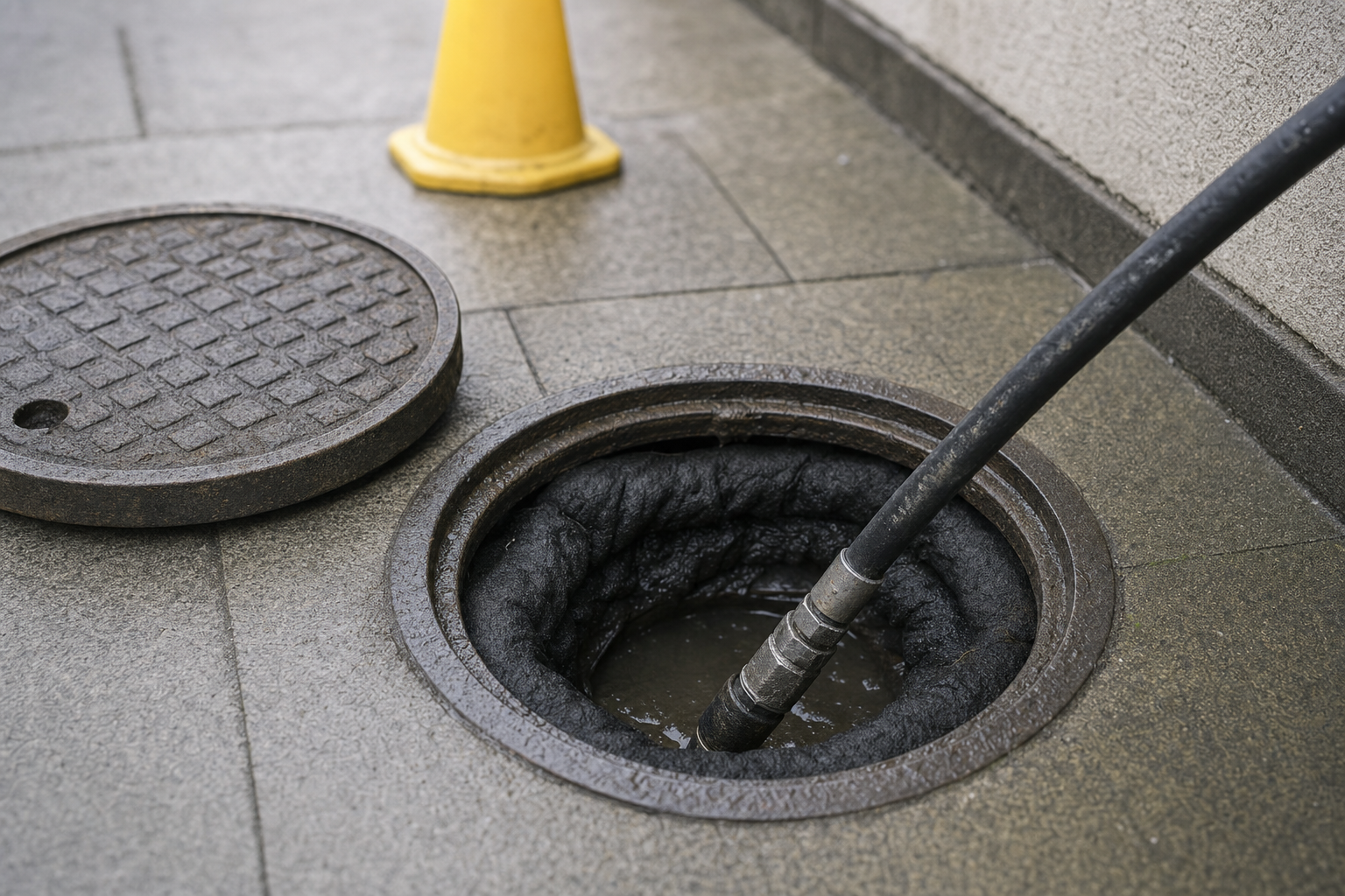 Open manhole with a hose inside, alongside a displaced cover and a yellow warning cone.