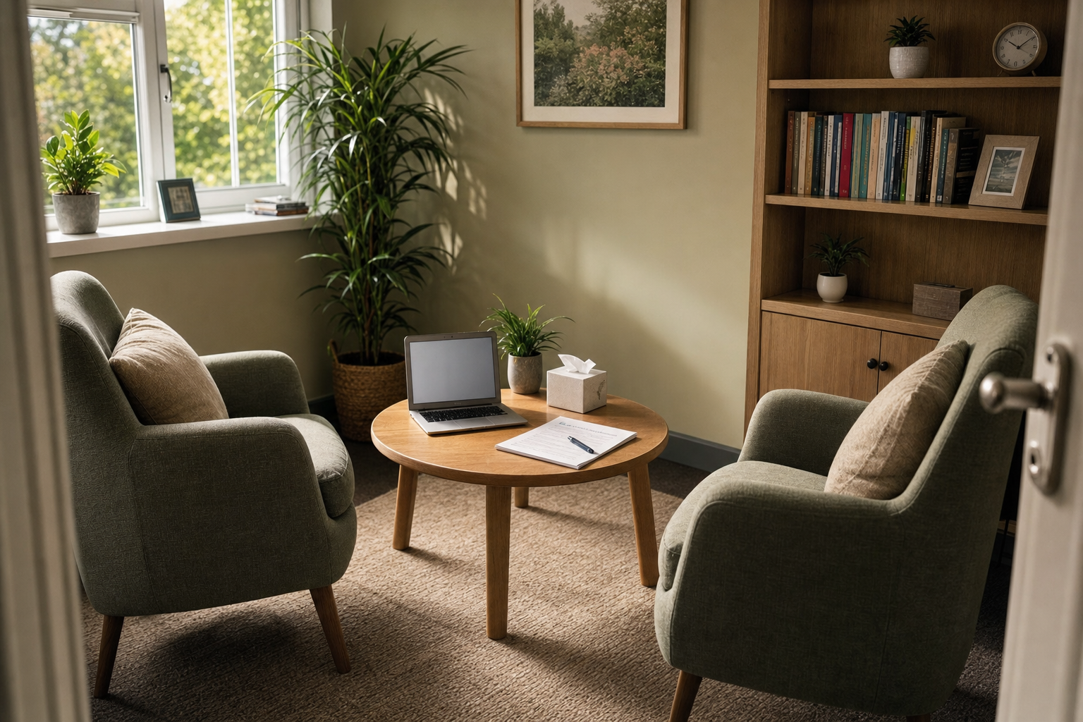 Cosy office with two armchairs, a wooden table, a laptop, and potted plants near a large window.
