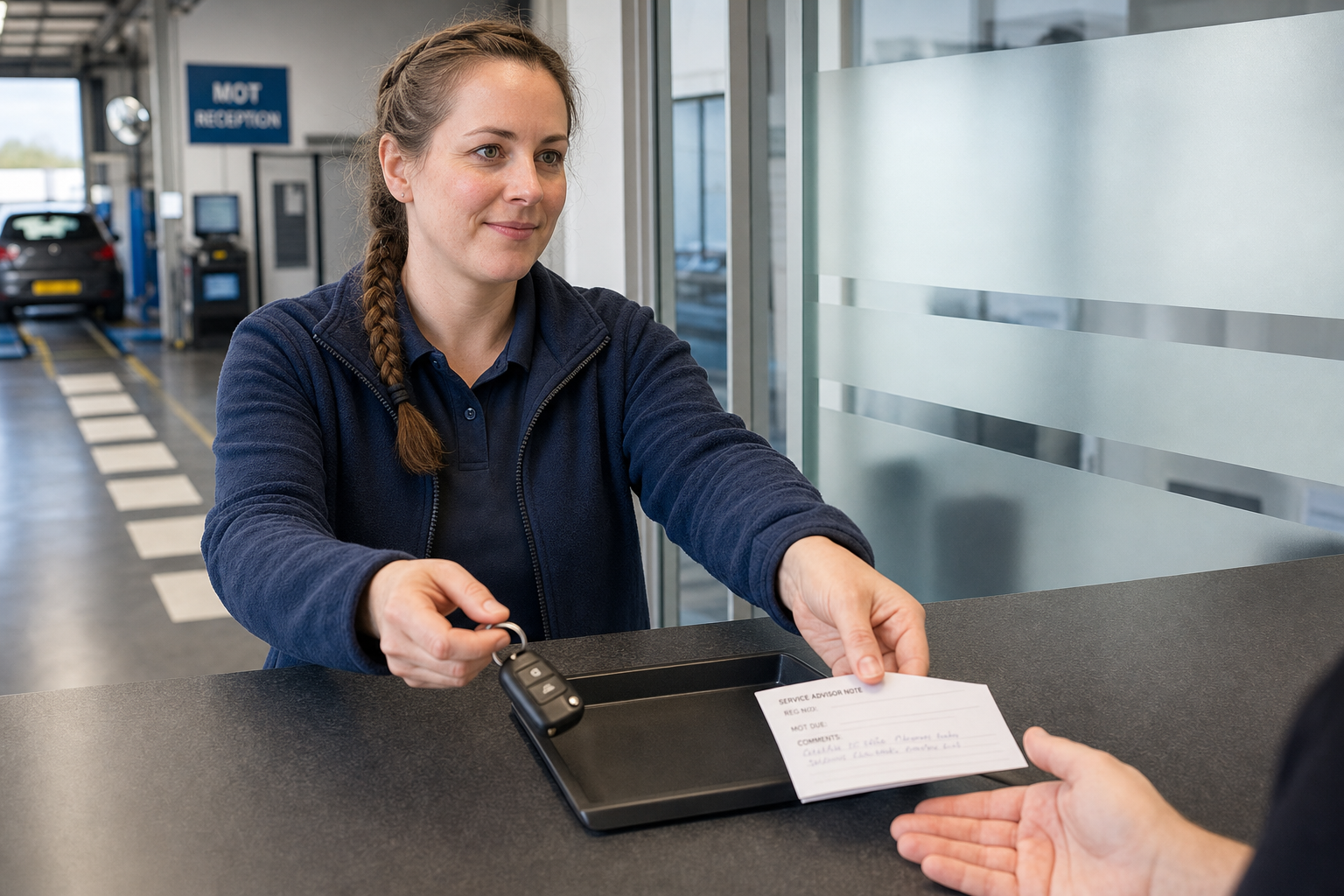 A woman hands car keys and a service note to a customer at a garage reception desk.