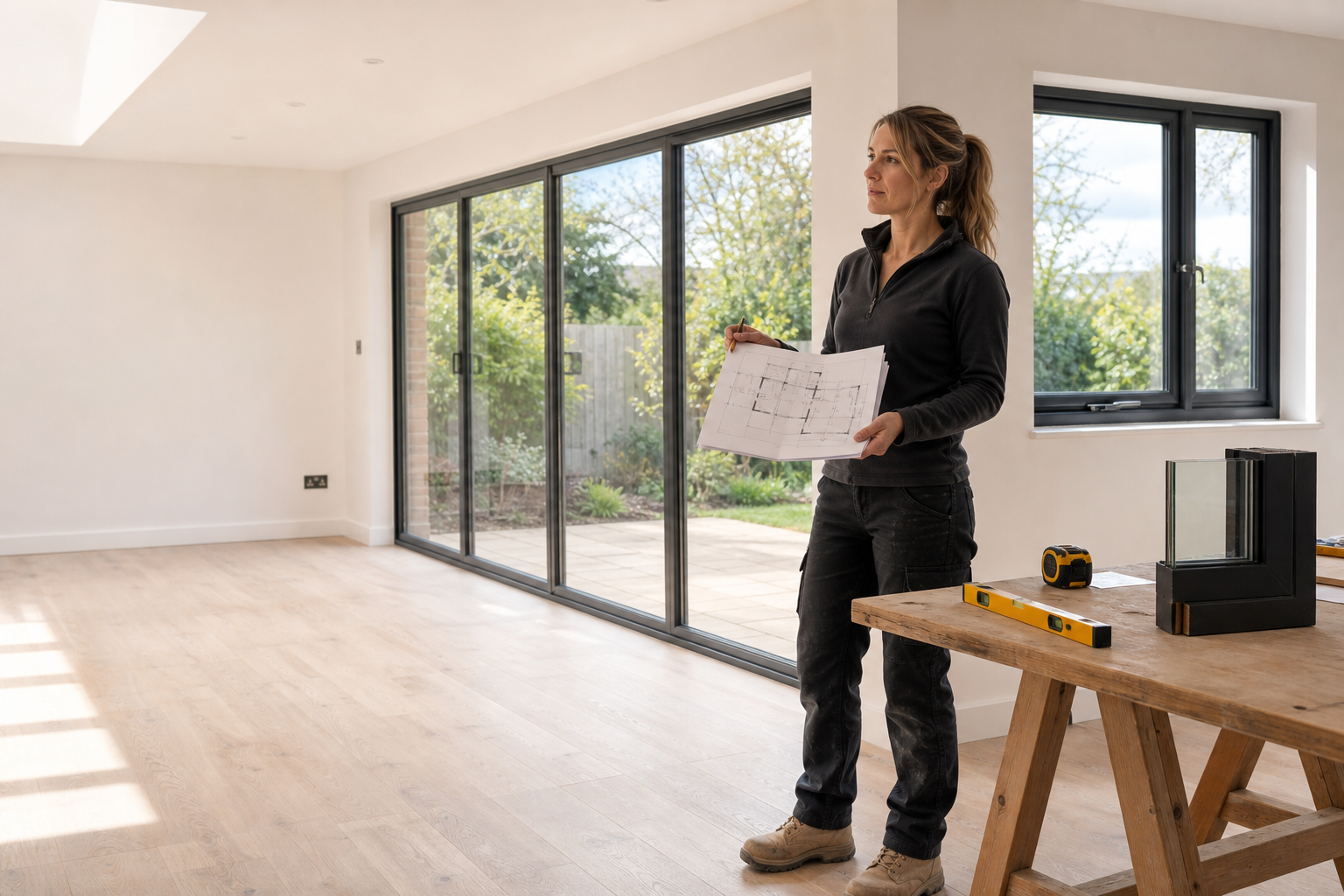 A woman holds architectural plans in a bright, unfinished room with large sliding glass doors.