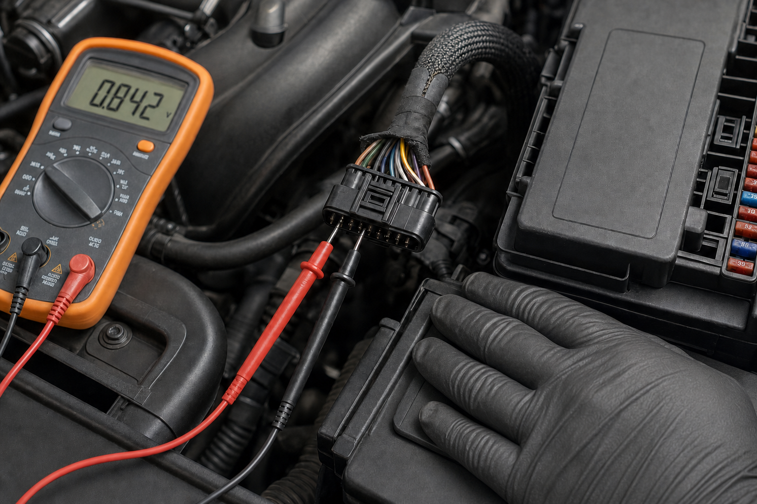 A multimeter measures voltage in a car engine bay, with a gloved hand nearby.