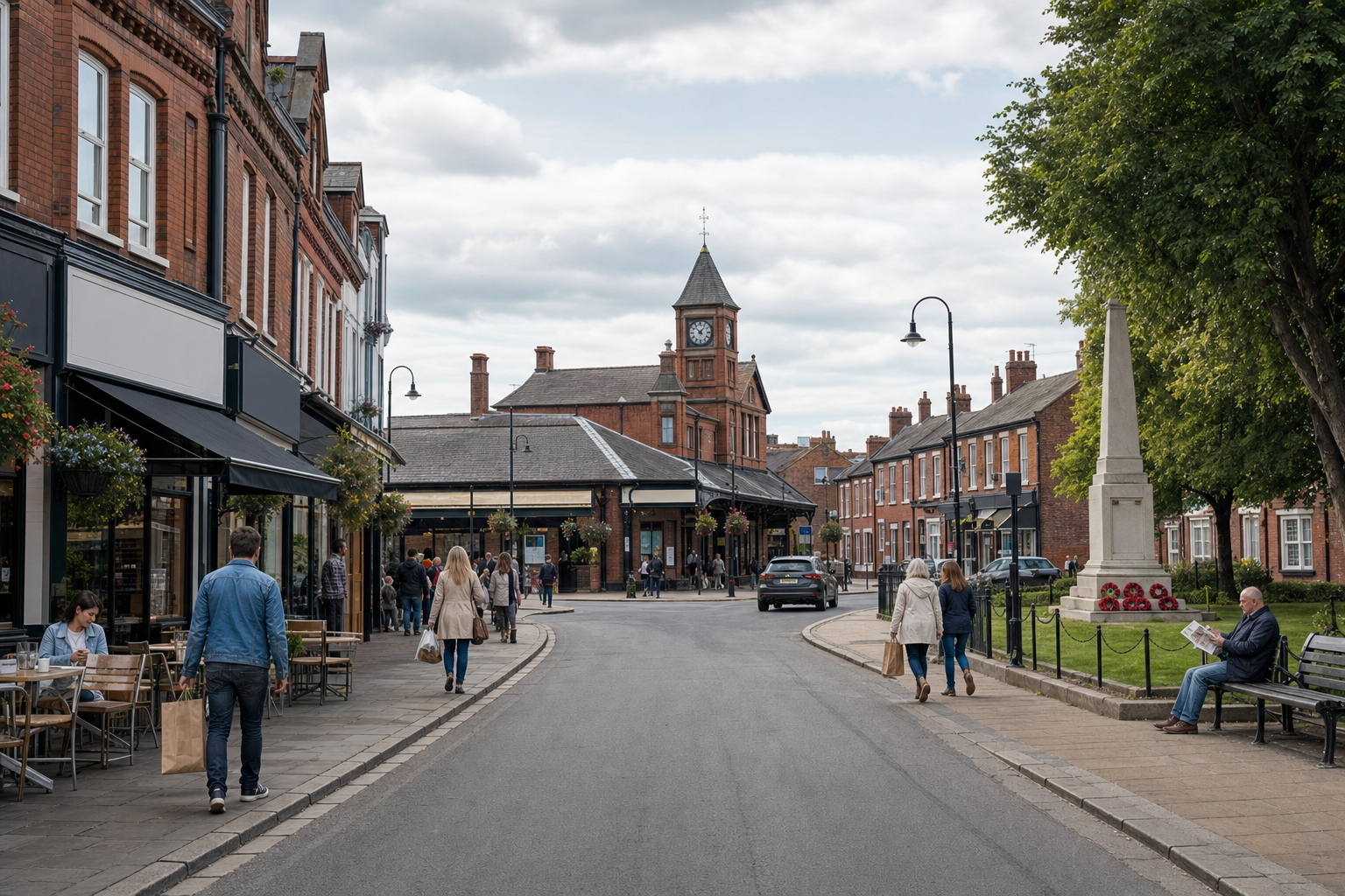 A quaint town centre with people walking, shops, and a clock tower under a cloudy sky.