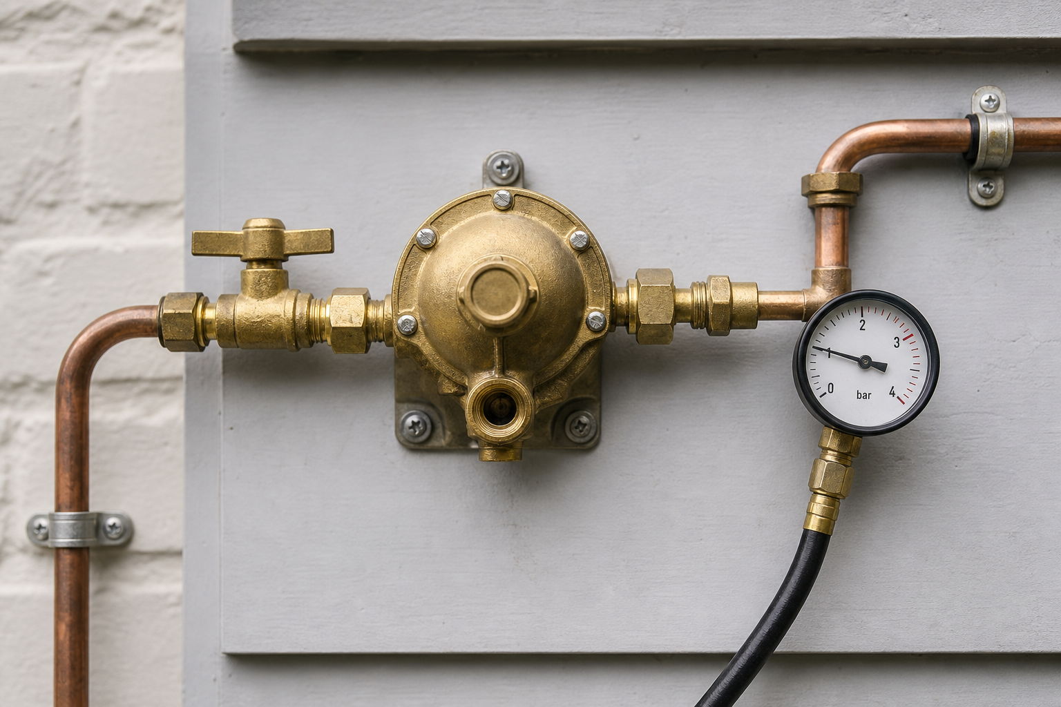 Brass pressure regulator with connected copper pipes and a pressure gauge.