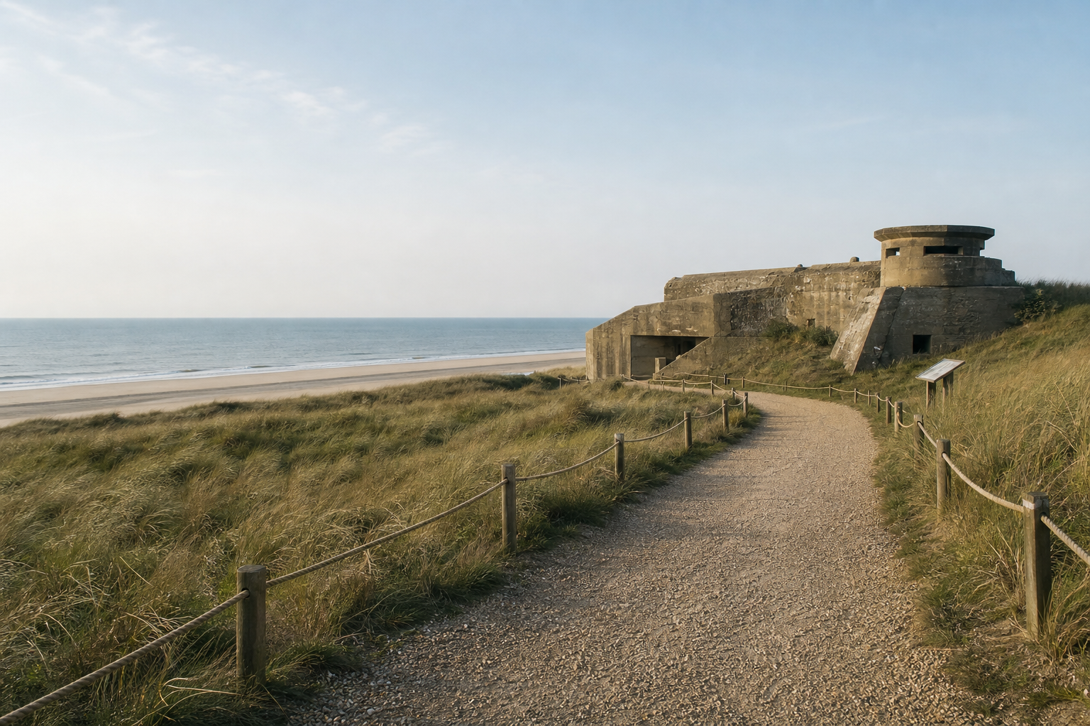 Coastal path leading to a historic concrete bunker overlooking a sandy beach and calm sea under a clear sky.