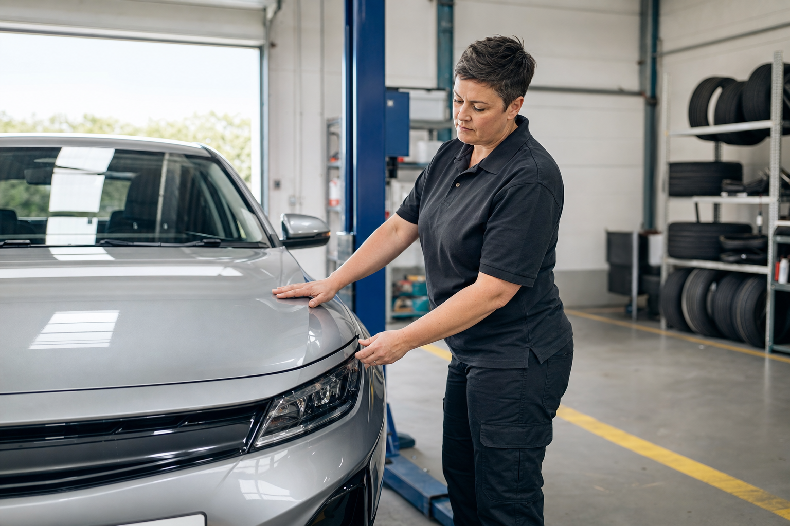 Mechanic examining the front of a silver car in a garage workshop.