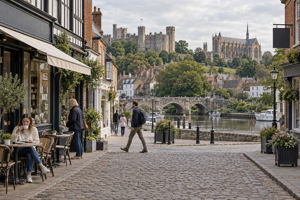 A woman drinks coffee at an outdoor café on a cobblestone street with a historic castle and cathedral in the background.