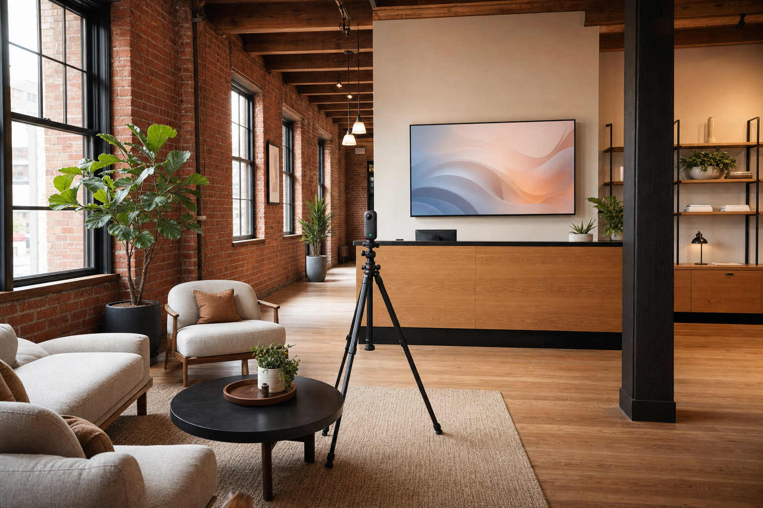 Modern office with stylish furniture, exposed brick walls, and a tripod in front of a wooden reception desk.
