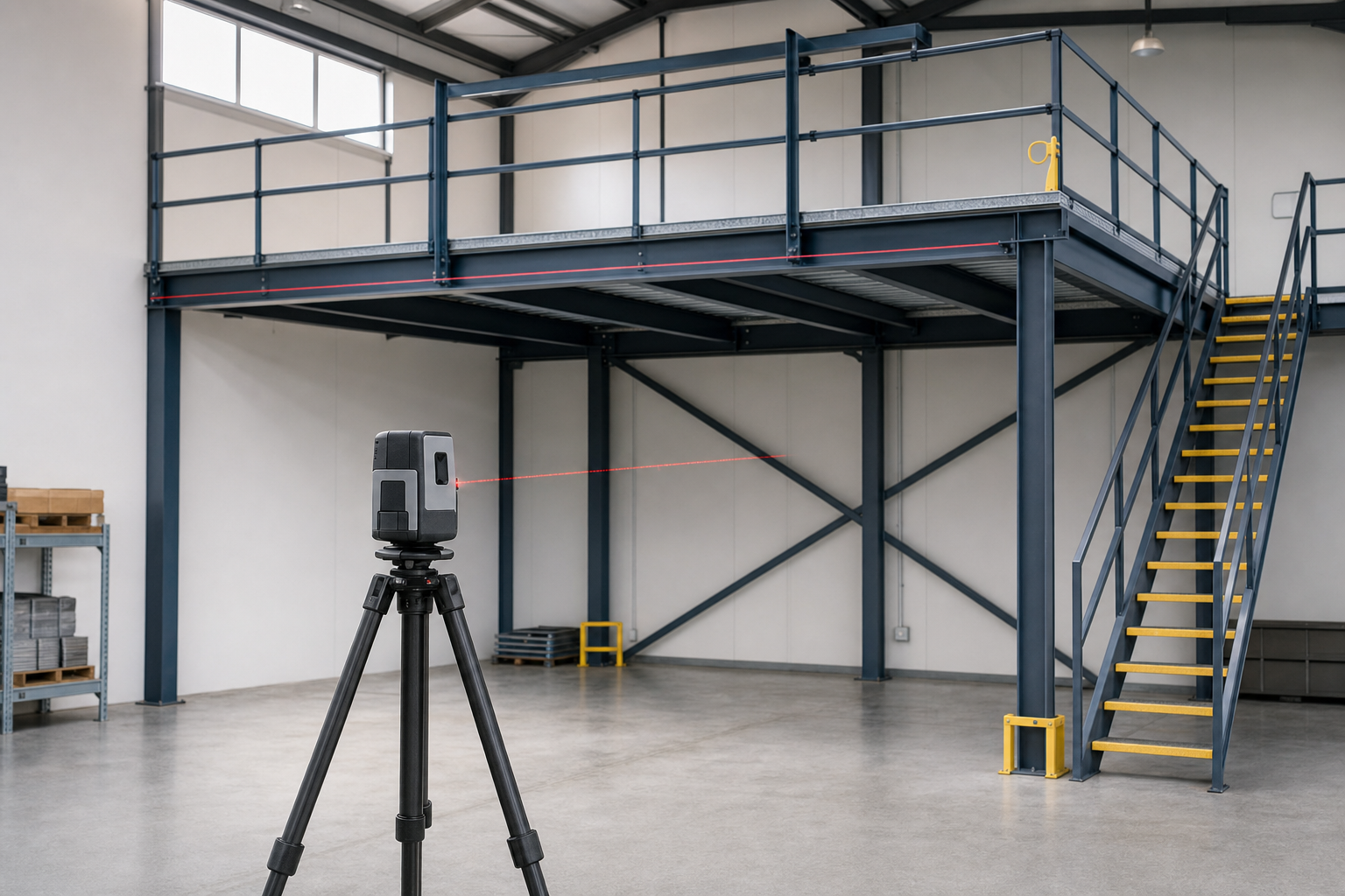 A laser level projects a red beam in a modern industrial warehouse with a mezzanine and staircase.