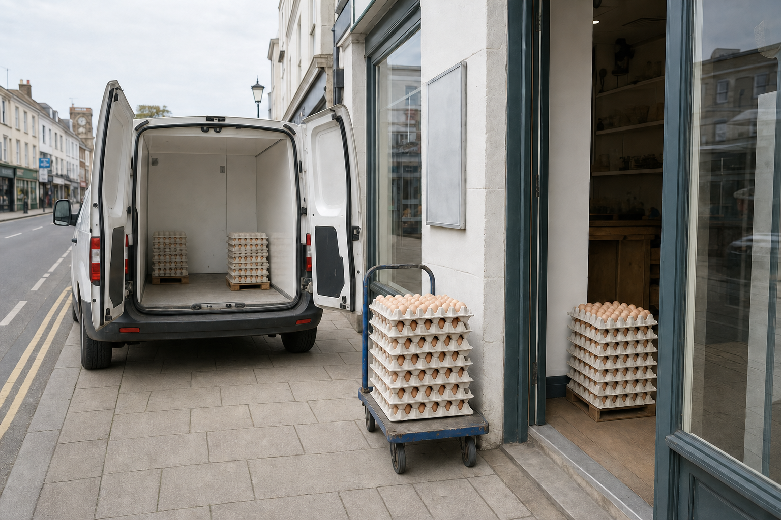 A van parked on the street with trays of eggs being unloaded into a shop.