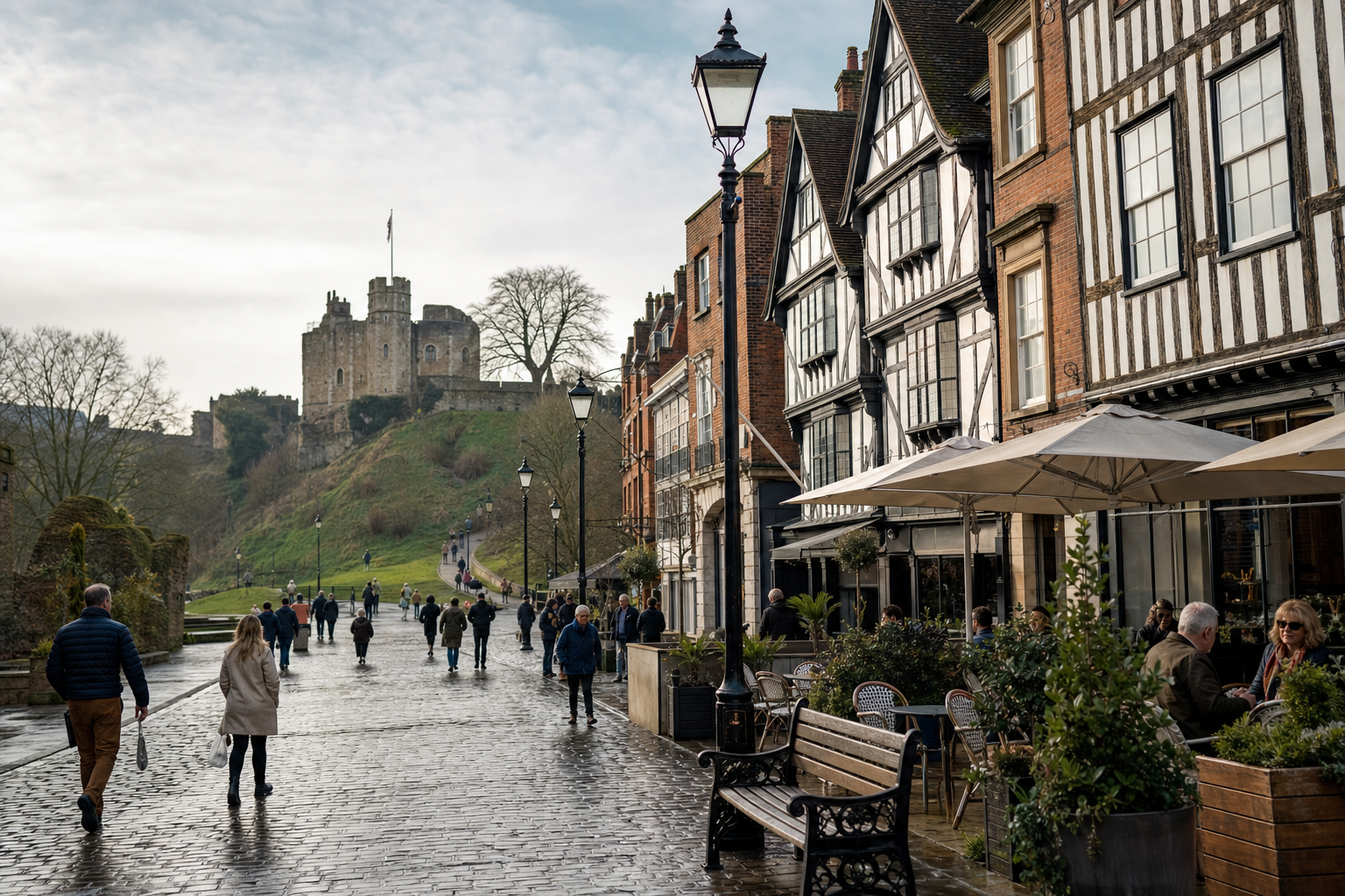 People walk along a cobblestone street lined with historical buildings, with a castle on a hill in the background.