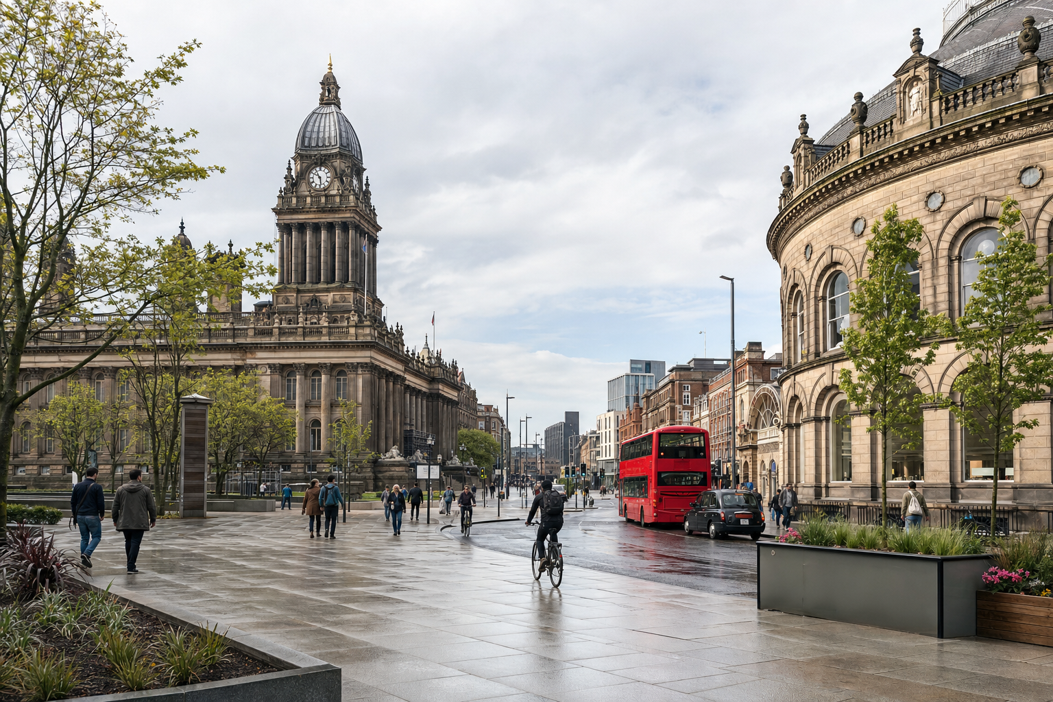 A bustling city square with a historic building, pedestrians, cyclists, and a red double-decker bus in Leeds, UK.