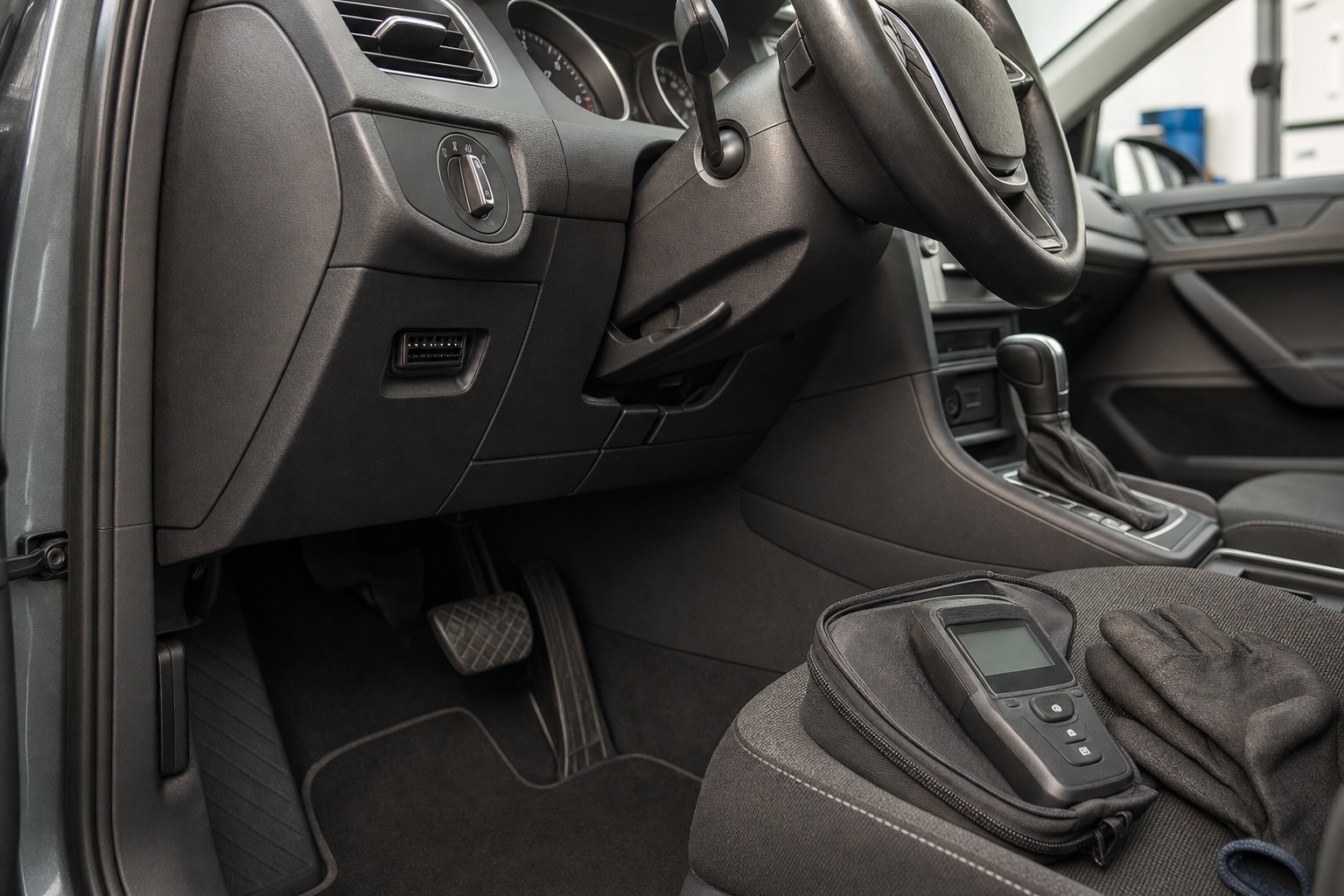 Car interior showing the steering wheel, pedals, and an OBD scanner on the front passenger seat.