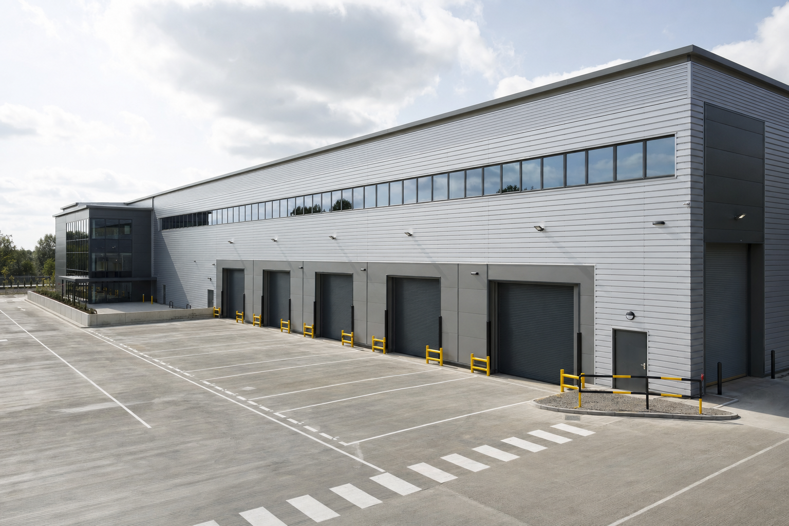 Modern industrial warehouse with roller shutter doors and an expansive concrete parking area under a cloudy sky.