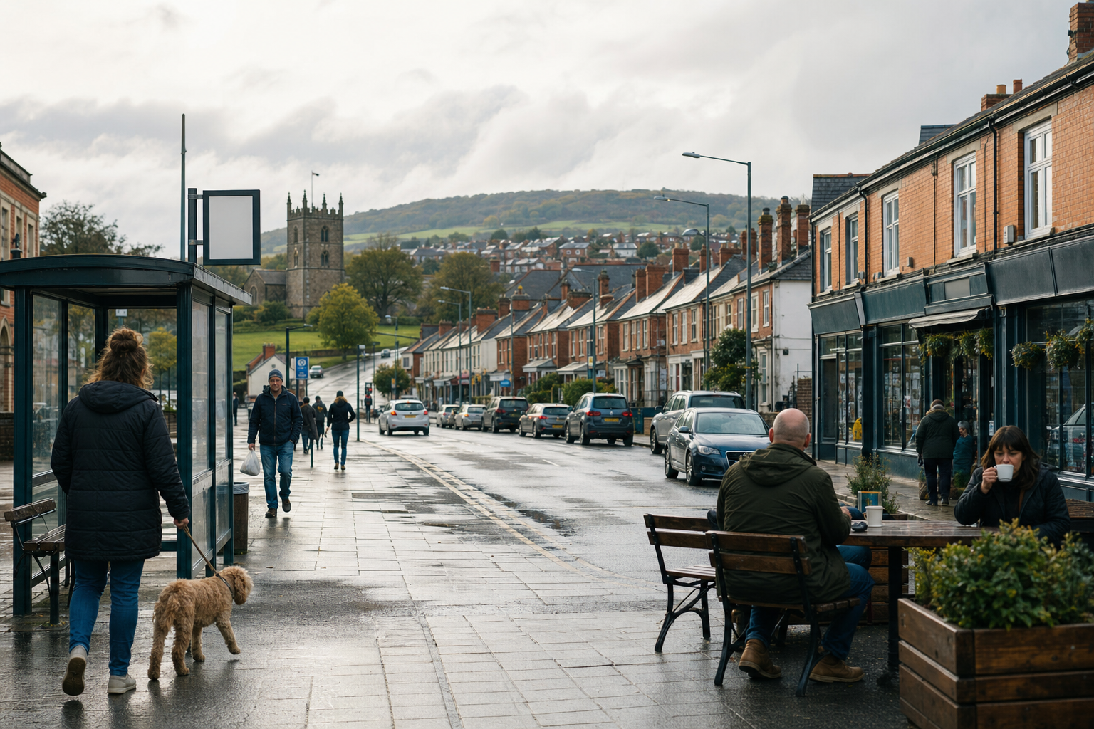 A small town street with people walking, a dog on a lead, and a church in the background.