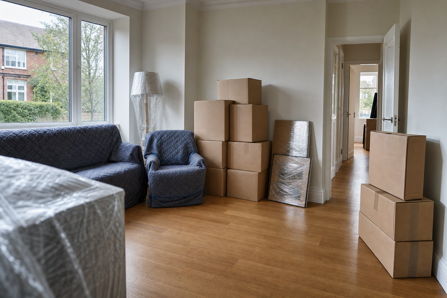 Living room filled with cardboard boxes and wrapped furniture, indicating a home move.